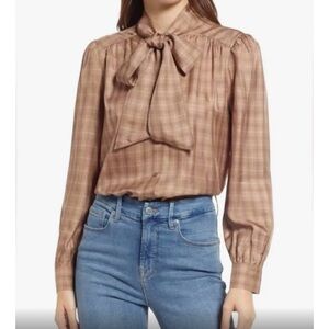 Anthropologie Mara mare Plaid Bow Tie Satin Blouse NWT size Medium